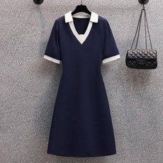 女款Catch撞色領連身裙 含大尺碼, 海軍藍