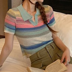메이첼 우로레 레인보우 스트라이프 반팔 니트 셔츠 02048