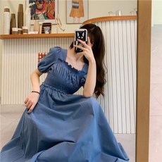 몬드스팟 여성용 스퀘어넥 퍼프 소매 반팔 롱 원피스 MO71
