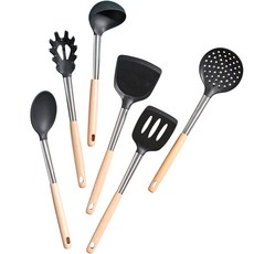 Seven Kitchen 不鏽鋼木柄矽膠大型廚具組, 黑色, 6件組, 1套