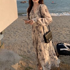 페이퍼먼츠 봄바람 깊은 브이넥 루즈핏 쉬폰 롱 플라워 원피스 04030 빅사이즈 포함