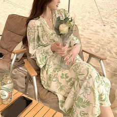 페이퍼먼츠 봄바람 깊은 브이넥 루즈핏 쉬폰 롱 플라워 원피스 04030 빅사이즈 포함