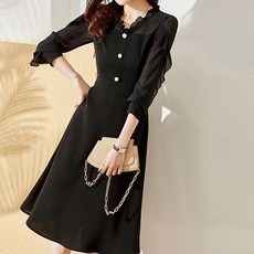 Paperments 荷葉邊V領雪紡春秋洋裝 03932 含大尺碼, 黑色