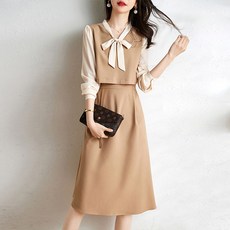 페이퍼먼츠 리본 블라우스 페이크 투피스 A 라인 미디 원피스 03942 빅사이즈 포함