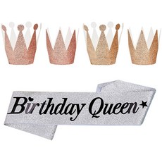 Joy Party 閃光皇冠頭飾 4p + 生日女王生日肩帶銀色套裝, 1套, 混合顏色