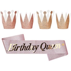 joyparty 亮片皇冠頭飾 4入 + Birthday Queen 生日肩帶 玫瑰金套組, 1套, 混合色
