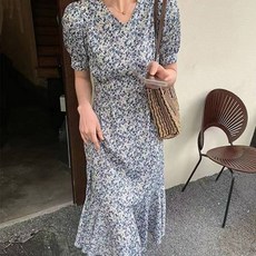 메이첼 브이넥 꽃무늬 슬림 머메이드 롱 원피스 02157