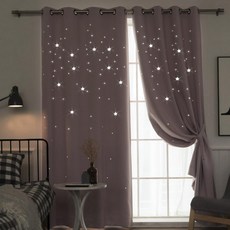 Dimanche 星星沖孔遮光窗簾2p+蕾絲窗簾2p長窗套組, 嬰兒粉色（遮光窗簾）、白色（蕾絲窗簾）