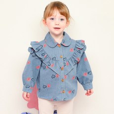 milk mile 童款櫻桃可樂愛心印花荷葉邊單寧長袖上衣