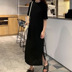 寬鬆版型開岔短袖長洋裝, 黑色