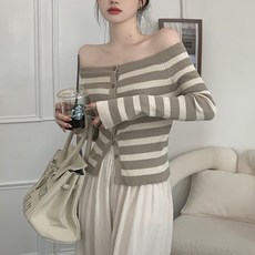 비비에모 여성용 스트라이프 오프숄더 슬림 니트 가디건 02913