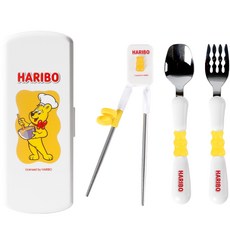 HARIBO 孩童餐具組, 湯匙+叉子+筷子+收納盒, 黃色