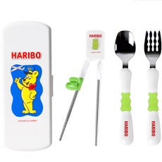 HARIBO 孩童餐具組, 勺子+叉子+筷子+箱子, 綠色