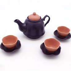 月鹽 韓國製霧面陶瓷茶壺 + 茶杯 3入 + 茶杯托 3入 套組, 1套, 深紫色