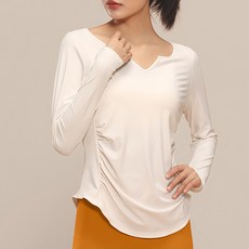 女款運動流線V領抓皺腰線皮拉提斯長袖T恤