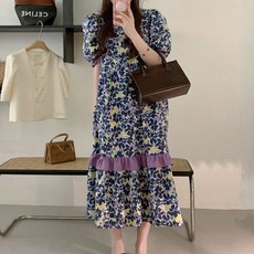 MEICHEL 撞色荷葉邊碎花寬鬆連身裙 02103, 海軍藍