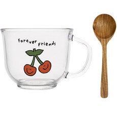 Friendly Cereal Mug Cherry Friends 500ml+柚木麥片勺套組, 1套, 混合顏色