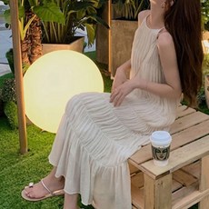 Paperments 露肩背心皺褶康康長夏季連身裙 04148, 象牙白