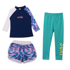 GOING KIDS 童款樹葉印花防曬泳衣+遮陽帽+短泳褲組