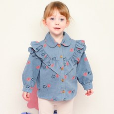 milk mile 童款櫻桃可樂愛心印花荷葉邊單寧長袖上衣