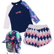 GOING KIDS 童款樹葉印花防曬泳衣+遮陽帽+菱紋短泳褲組