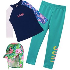 GOING KIDS 童款樹葉印花防曬泳衣+緊身長泳褲+遮陽帽組