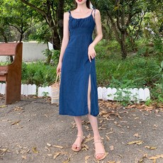 메이첼 체스트 셔링 끈나시 슬릿 트임 데님 청 원피스 02093 빅사이즈 포함