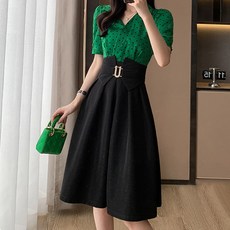 Paperments 女款 Glory 圓點翻領高腰裙套裝 04402, 綠色