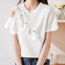 페이퍼먼츠 여성용 사선 프릴 단추 어깨트임 반소매 티셔츠 04406