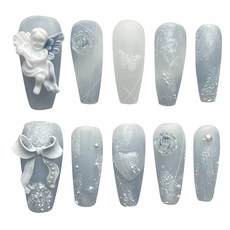 Henekeu天空藍石膏天使珍珠蝴蝶玫瑰愛心手工美甲片組 長, 1套, M