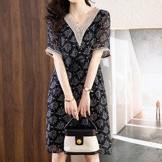 ATTERLIC 刺繡V領樹枝袖大尺碼連身裙 01913, 黑色