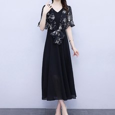 ATTERLIC Handige 荷葉邊雪紡開襟衫綁帶連身裙 02107 含大尺碼, 黑色