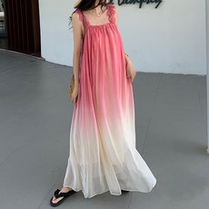 ViVEMO 夏日蜜桃漸層無袖長版連身裙 03228, 粉紅色