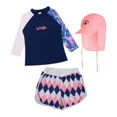 GOING KIDS 童款樹葉印花防曬泳衣+遮陽帽+菱紋短泳褲組