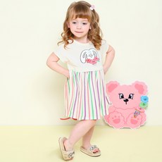 milk mile 童款兔子插圖柔彩直條紋假兩件式短袖連身裙