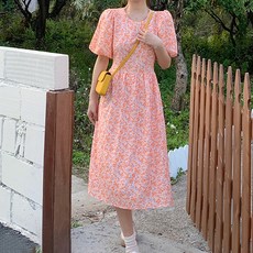 MEICHEL 甜美泡泡袖後綁帶圖案連身裙 02274 含大尺碼, 橘色