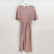 티탁 여성용 빅사이즈 데일리 루즈핏 라운드넥 플레어 셔링 허리끈 반팔 롱 원피스 TTCD09