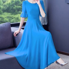 ATTERLIC 優雅荷葉邊袖圓領長版洋裝 02115 含大尺碼, 藍色