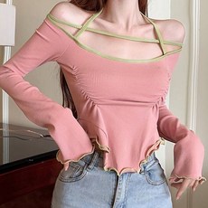 비비에모 여성용 여름 오프숄더 홀터넥 섹시 슬림핏 긴팔 티셔츠 03211