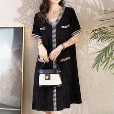 Atelic 格紋線條V領百褶連身裙 01917 含大尺碼, 黑色