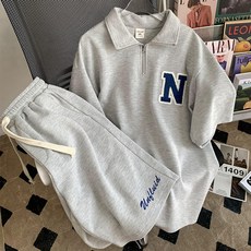 Goodif 女款N Logo翻領半拉鍊華夫格短袖T恤+鬆緊短褲套裝