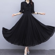 ATTERLIC Tidy蝴蝶結荷葉邊雪紡長版連身裙 02113 含大尺碼, 黑色