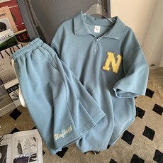 Goodif 女款N Logo翻領半拉鍊華夫格短袖T恤+鬆緊短褲套裝