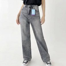 플랜데이 여성용 난스판 빈티지 워싱 2WAY 와이드 데님 팬츠 미디움 기장