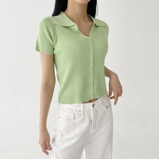 플랜데이 여성용 슬림핏 크림 카라 골지 니트 반팔 가디건