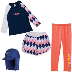 GOING KIDS 童款菱紋拼接防曬泳衣+緊身長泳褲+短泳褲+遮陽帽組