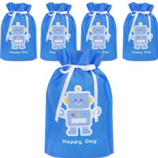 Donna&deco 幸福日 禮物包裝 不織布束口袋 2號 002 happy day 機器人 22 x 32 cm, 5個, 藍色