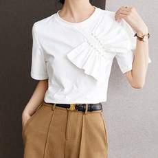 페이퍼먼츠 여성용 통기성 진주 리본 셔링 데일리 반팔 티셔츠 04640