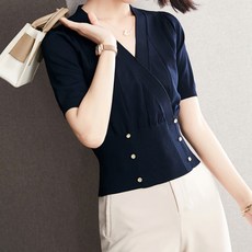 페이퍼먼츠 여성용 브이셀 버튼 정장핏 반팔 니트 티셔츠 04643