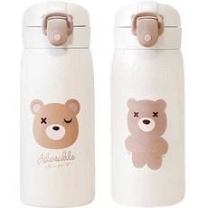 PUKO Cuma小熊印花彈蓋型保溫杯組 大頭款 350ml+全身款 350ml, 混色